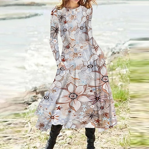 

Women's A Line Dress Midi Dress Pink Long Sleeve Floral Pocket Print Fall Spring Round Neck Casual Vacation 2022 S M L XL XXL 3XL