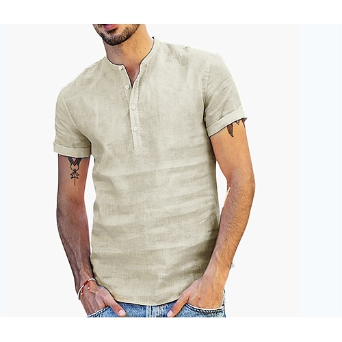 

Men's Shirt Solid Color Collar Light Blue White Black khaki Short Sleeve Street Beach Tops Cotton Lightweight Casual / Sporty Breathable Henley / Wet and Dry Cleaning