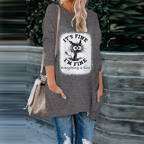 

Women's Shift Dress Short Mini Dress Gray Long Sleeve Cat Letter Animal Pocket Print Fall Spring Crew Neck Casual Vacation 2022 S M L XL XXL 3XL