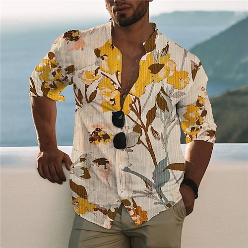 

Men's Shirt 3D Print Floral Stand Collar Street Casual Button-Down Print Long Sleeve Tops Designer Casual Fashion Breathable Beige