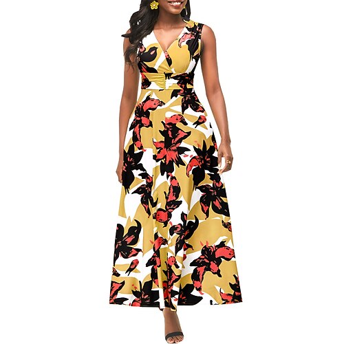 

Women's A Line Dress Maxi long Dress Yellow Sleeveless Floral Patchwork Print Summer V Neck Elegant Fashion Modern 2022 S M L XL 2XL