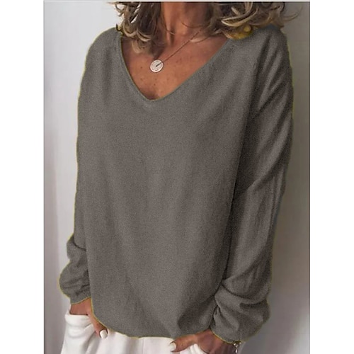 

Women's T shirt Tee Blue Khaki Beige Plain Solid Colored Long Sleeve Daily V Neck Loose Fit S
