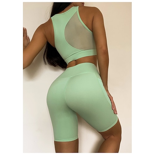 

Women's Tracksuit Activewear Set Yoga Suit 2 Piece Cropped Solid Color Shorts Sports Bra White Green Yoga Fitness Gym Workout Tummy Control Butt Lift Breathable Sport Activewear Stretchy / Athletic