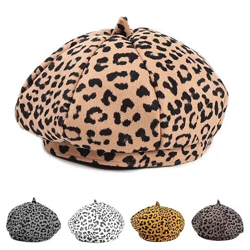 

Women Girl Fashion Leopard Print Warm Beanie Hat Vintage Plain Beret Hats Solid Color Elegant Lady Winter Outdoor Stree Caps