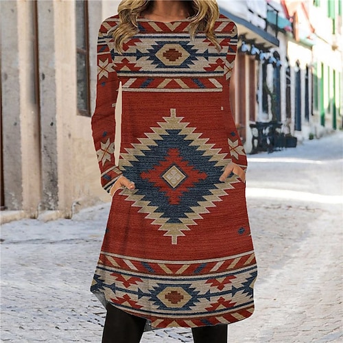 

Women's Shift Dress Knee Length Dress Khaki Red Long Sleeve Geometric Pocket Print Fall Spring Crew Neck Casual Vacation 2022 S M L XL XXL 3XL