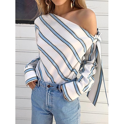 

Women's Shirt Blouse Pink Blue Striped Lace up Print Long Sleeve Daily Weekend Streetwear Casual One Shoulder Regular S