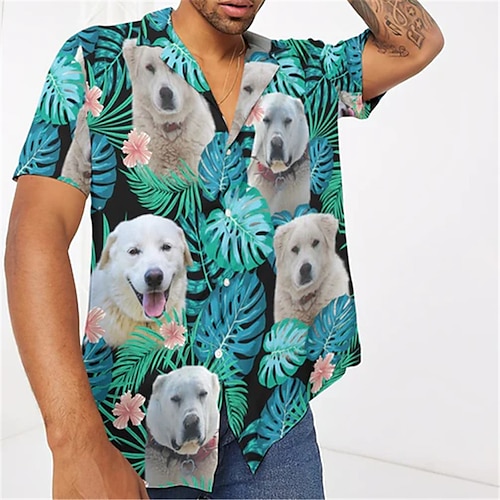 

Men's Shirt Summer Hawaiian Shirt Camp Collar Shirt Graphic Shirt Aloha Shirt Animal Dog Leaves Turndown WhiteRed White Green Pink Blue Dark Green 3D Print Outdoor Street Short Sleeve Button-Down