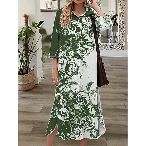 

Women's Shift Dress Midi Dress Green Black Purple 3/4 Length Sleeve Floral Button Print Fall Spring Shirt Collar Casual Fashion 2022 S M L XL XXL 3XL