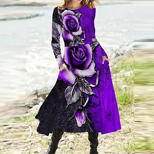 

Women's A Line Dress Midi Dress Green Purple Orange Red Long Sleeve Floral Pocket Print Fall Spring Round Neck Casual Vacation 2022 S M L XL XXL 3XL