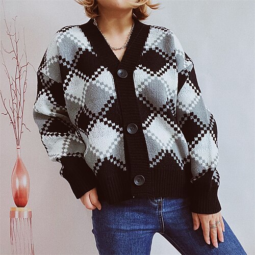 

Women's Cardigan Sweater Jumper Crochet Knit Knitted Plaid V Neck Stylish Casual Holiday Going out Fall Winter Green Black S M L / Long Sleeve