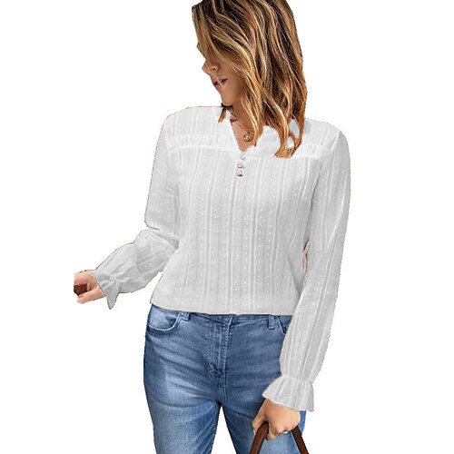 

Women's Shirt Plain Daily Weekend Shirt Long Sleeve Ruffle Button V Neck Casual Streetwear White Orange S