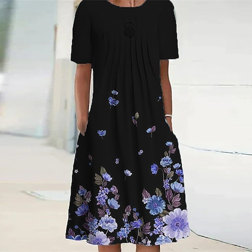 

Women's Shift Dress Knee Length Dress Green Black Blue Purple Pink Short Sleeve Floral Pocket Print Spring Summer Crew Neck Elegant Casual Vacation 2022 S M L XL XXL 3XL