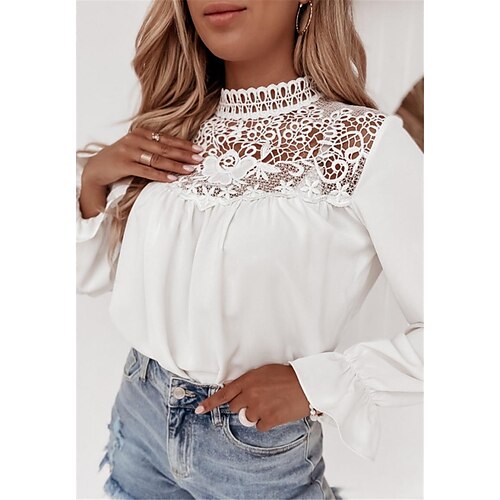 

Women's Shirt Plain Daily Weekend Shirt Long Sleeve Lace Patchwork Round Neck Casual Streetwear White Light Green S