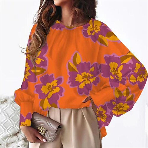 

Women's Blouse Floral Casual Daily Blouse Long Sleeve Print Round Neck Elegant Batwing Sleeve Loose Purple Orange S