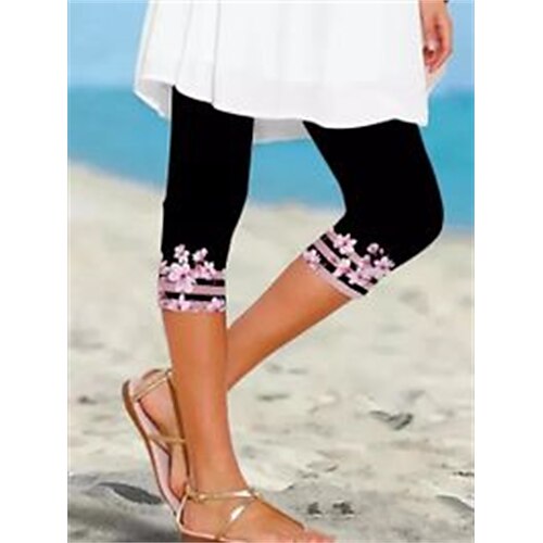 

Women's Leggings Black Mid Waist Casual / Sporty Athleisure Leisure Sports Yoga Print Stretchy Calf-Length Tummy Control Flower / Floral S M L XL XXL / Skinny