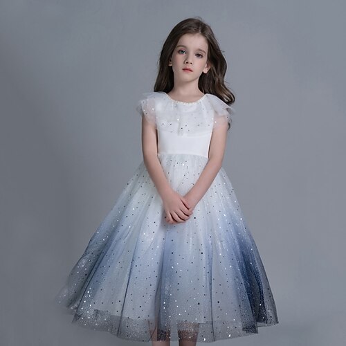 

Kids Little Girls' Dress Plain Sequin A Line Dress Performance Christening dress Mesh Lace Dusty Blue Midi Short Sleeve Cute Sweet Dresses Summer Regular Fit 3-12 Years