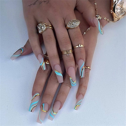 

24pcs European and American Gold Line Wave Pattern Long Ballet Nail Printing Gold Frosted Manicure Ins Matte Pop Style Contrast Color Wearing Nail