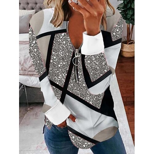 

Women's T shirt Tee Geometric Casual Weekend Geometric Painting T shirt Tee Long Sleeve Quarter Zip Print V Neck Basic Silver S / 3D Print