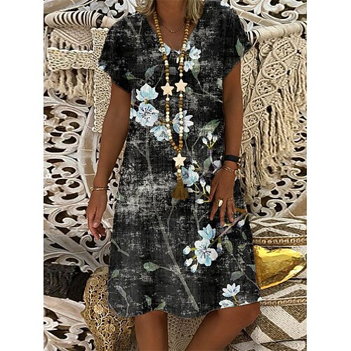 

Women's Shift Dress Short Mini Dress Black Short Sleeve Floral Print Spring Summer V Neck Casual Vacation 2022 S M L XL XXL 3XL