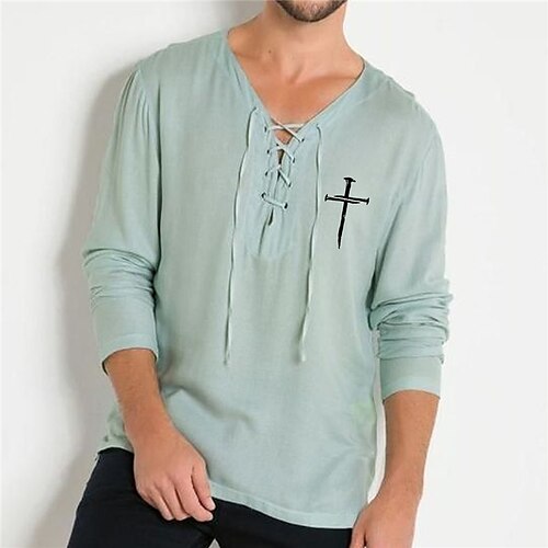 

Men's Shirt Hot Stamping Graphic Patterned Cross V Neck Street Casual Lace up Print Long Sleeve Tops Designer Casual Fashion Big and Tall Blue / Summer / Spring / Summer