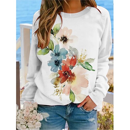 

Women's Sweatshirt Flower Patchwork Print Casual Daily Sports 3D Print Sportswear Casual Hoodies Sweatshirts White