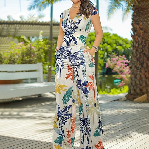 

Women's Jumpsuit Pocket Print Floral V Neck Casual Daily Holiday Regular Fit Short Sleeve Blue S M L Spring