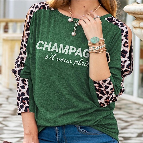 

Women's T shirt Tee Green Blue Purple Leopard Text Cut Out Print Long Sleeve Casual Weekend Basic Round Neck Regular Champagne s'il vous plaît Painting S / #
