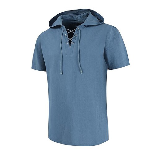

Men's Shirt Solid Color Hooded Street Daily Drawstring Short Sleeve Tops Casual Fashion Comfortable Beach Black Blue Light Green