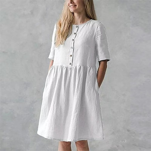 

Women's Casual Dress Linen Dress Midi Dress Black Pink Wine Short Sleeve Pure Color Button Fall Spring Autumn Crew Neck Basic Weekend Loose Fit 2022 S M L XL XXL 3XL