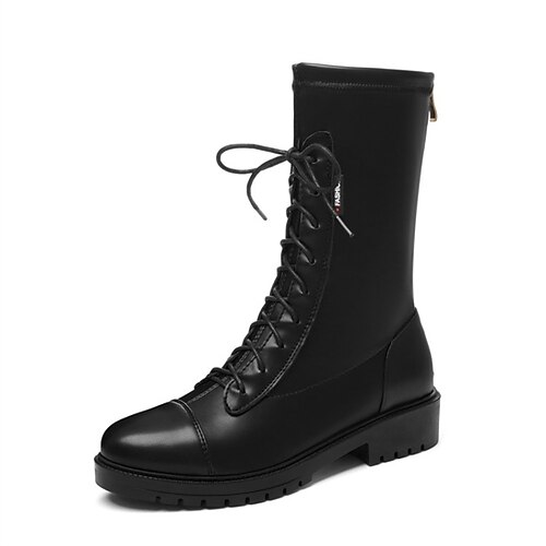 

Mulheres Botas Coturnos Diário Botas da panturrilha Inverno Salto Robusto Ponta Redonda Colegial Couro Sintético zíper Cor Sólida Preto Bege