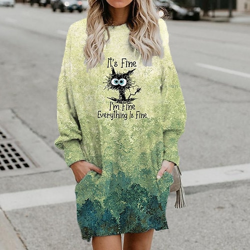 

Women's Shift Dress Short Mini Dress Green White Long Sleeve Fall Cat Letter Animal Pocket Print Fall Winter Hooded Casual 2022 S M L XL XXL 3XL
