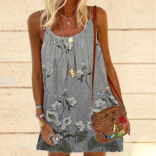 

Women's Shift Dress Short Mini Dress Blue Gray Sleeveless Floral Print Spring Summer Spaghetti Strap Casual Vacation 2022 S M L XL XXL 3XL