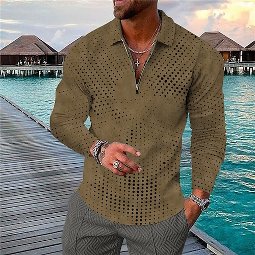 

Men's Collar Polo Shirt Golf Shirt Polka Dot Turndown Green Blue Yellow Dark Gray 3D Print Outdoor Street Long Sleeve Zipper Print Clothing Apparel Fashion Designer Casual Breathable