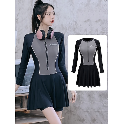 

Women's Swim Dress Rash guard Swimsuit UV Sun Protection UPF50 Quick Dry Long Sleeve Swimwear Bathing Suit Front Zip Swimming Surfing Beach Water Sports Solid Colored Autumn / Fall Spring Summer