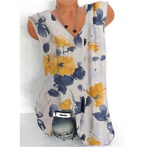 

Women's Plus Size Tops Tank Top Floral Zipper Print Sleeveless V Neck Streetwear Daily Holiday Cotton Spandex Jersey Spring Summer Gray