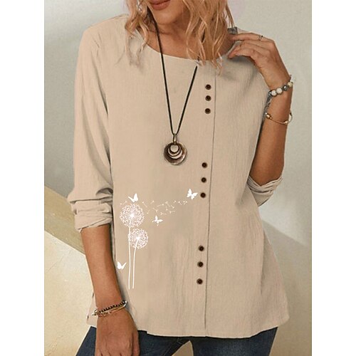 

Women's T shirt Tee Dandelion Daily T shirt Tee Long Sleeve Print Round Neck Basic Essential Vintage Loose Blue Khaki Navy Blue S