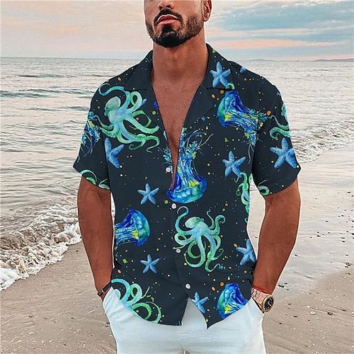 

Homme Chemise Chemise graphique Pieuvre Col rabattu Bleu Marine 3D effet Extérieur Plein Air Manches Courtes Bouton bas Imprimer Vêtement Tenue Mode Design Casual Respirable / Eté / Printemps / Eté