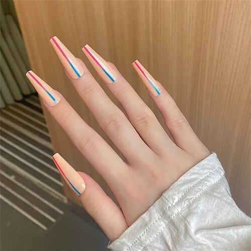 

Hot Selling Blue And Red Gradient Line Trapezoidal Coffin Nail Fake Nail Patch Super Long Ballet Armor Wearing Armor