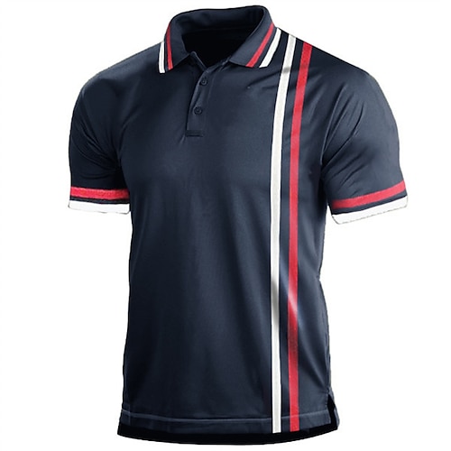 

Men's Collar Polo Shirt Golf Shirt Striped Turndown Navy Blue 3D Print Street Daily Short Sleeve 3D Button-Down Clothing Apparel Fashion Casual Comfortable / Beach