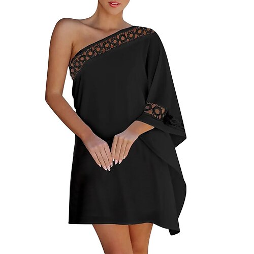 

Women's Shift Dress Short Mini Dress White Black Red 3/4 Length Sleeve Pure Color Lace Patchwork Spring Summer One Shoulder Party Stylish 2022 S M L XL / Party Dress