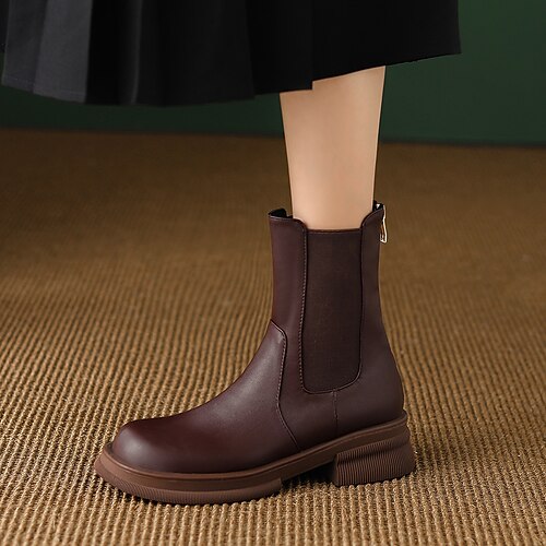 

Women's Boots Chelsea Boots Booties Ankle Boots Chunky Heel Round Toe Minimalism Daily PU Leather Zipper Fall Winter Solid Colored Dark Brown Black