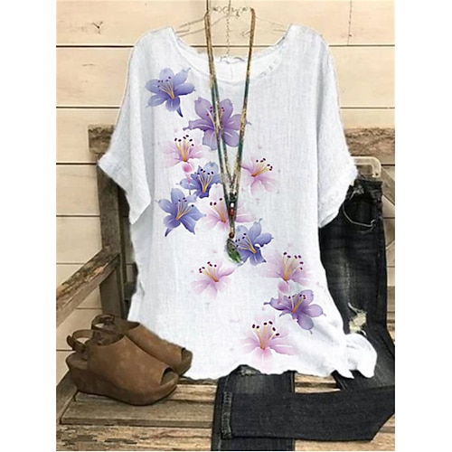 

Women's Blouse Flower Casual Daily Holiday Blouse Shirt Short Sleeve Patchwork Print Round Neck Casual Vintage Loose White S / 3D Print