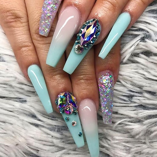 

New Blue And Blue Gradient Glitter Crystal Color Diamond Transparent Trapezoidal Nails Nails Super Long Coffin Nail