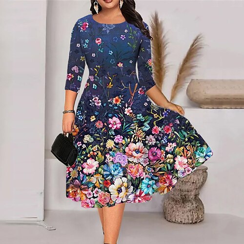 

Women's Plus Size Holiday Dress Floral Crew Neck Print 3/4 Length Sleeve Fall Spring Work Midi Dress Daily Vacation Dress