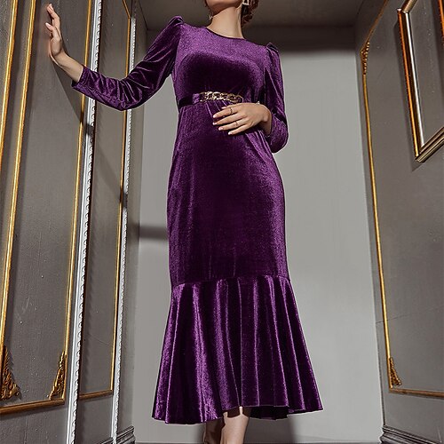 

Women's Party Dress Maxi long Dress Purple Long Sleeve Pure Color Zipper Patchwork Fall Winter Crew Neck Stylish Fashion Modern 2022 S M L XL / Velvet