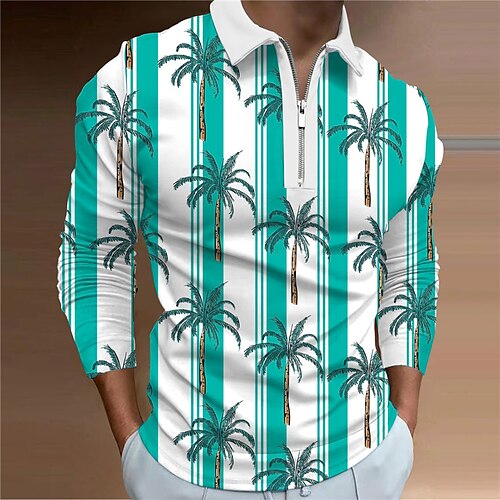 

Men's Collar Polo Shirt Golf Shirt Coconut Tree Striped Turndown Green 3D Print Outdoor Street Long Sleeve Zipper Print Clothing Apparel Fashion Designer Casual Breathable / Summer / Spring / Summer