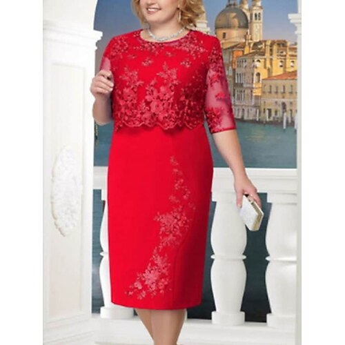 

Women's Party Dress Lace Dress Shift Dress Midi Dress Blue Red Navy Blue Half Sleeve Pure Color Lace Fall Spring Autumn Crew Neck Loose Fit 2022 S M L XL XXL 3XL 4XL 5XL