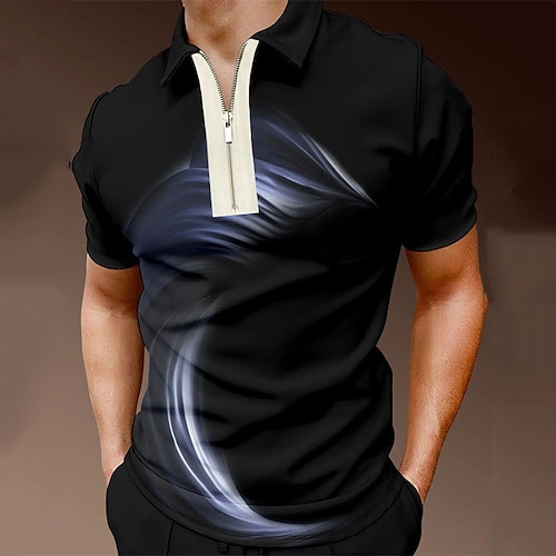 

Men's Collar Polo Shirt Golf Shirt Streamer Turndown Black / White 3D Print Street Daily Short Sleeve Zipper 3D Clothing Apparel Fashion Casual Comfortable / Beach