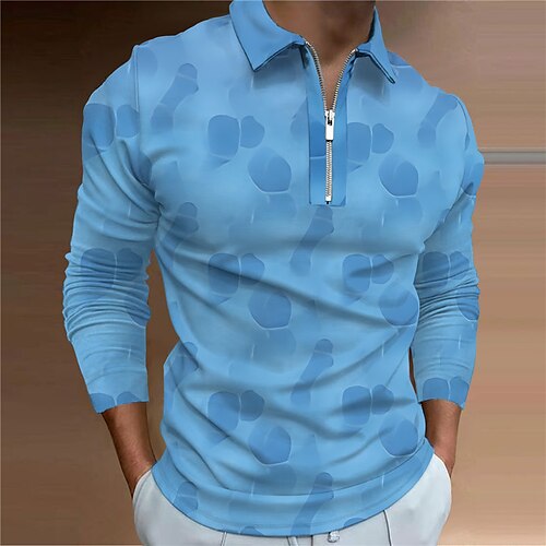

Men's Collar Polo Shirt Golf Shirt Geometry Turndown Blue 3D Print Outdoor Street Long Sleeve Zipper Print Clothing Apparel Fashion Designer Casual Breathable / Summer / Spring / Summer