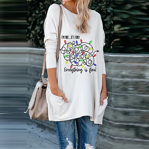 

Women's Shift Dress Short Mini Dress White Long Sleeve Print Letter Pocket Print Fall Spring Crew Neck Casual Vacation 2022 S M L XL XXL 3XL